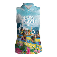 Hawaii Outrigger Canoe Race Women Sleeveless Polo Shirt Polynesian Style Watercolor Style LT05 Female Blue - Polynesian Pride