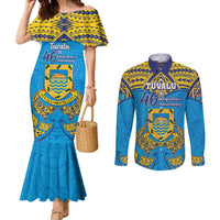Personalised Tuvalu Independence Day Couples Matching Mermaid Dress and Long Sleeve Button Shirt Coat Of Arms With Polynesian Dolphin Tattoo LT05 Blue - Polynesian Pride