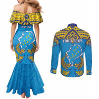 Personalised Tuvalu Independence Day Couples Matching Mermaid Dress and Long Sleeve Button Shirt Coat Of Arms With Polynesian Dolphin Tattoo LT05 - Polynesian Pride