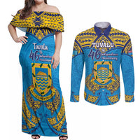 Personalised Tuvalu Independence Day Couples Matching Off Shoulder Maxi Dress and Long Sleeve Button Shirt Coat Of Arms With Polynesian Dolphin Tattoo LT05 Blue - Polynesian Pride