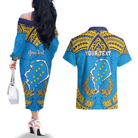 Personalised Tuvalu Independence Day Couples Matching Off The Shoulder Long Sleeve Dress and Hawaiian Shirt Coat Of Arms With Polynesian Dolphin Tattoo