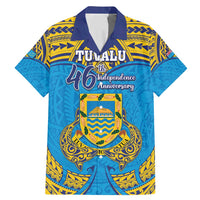 Personalised Tuvalu Independence Day Family Matching Mermaid Dress and Hawaiian Shirt Coat Of Arms With Polynesian Dolphin Tattoo LT05 Dad's Shirt - Short Sleeve Blue - Polynesian Pride
