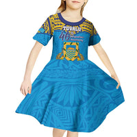 Personalised Tuvalu Independence Day Kid Short Sleeve Dress Coat Of Arms With Polynesian Dolphin Tattoo LT05 - Polynesian Pride
