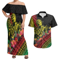 Retro Hawaiian Singer Couples Matching Off Shoulder Maxi Dress and Hawaiian Shirt Polynesian Style Tropical Flowers