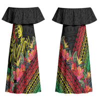 Retro Hawaiian Singer Couples Matching Off Shoulder Maxi Dress and Hawaiian Shirt Polynesian Style Tropical Flowers