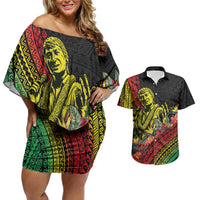 Retro Hawaiian Singer Couples Matching Off Shoulder Short Dress and Hawaiian Shirt Polynesian Style Tropical Flowers