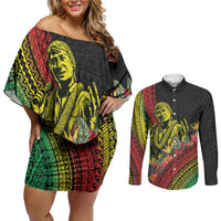 Retro Hawaiian Singer Couples Matching Off Shoulder Short Dress and Long Sleeve Button Shirt Polynesian Style Tropical Flowers
