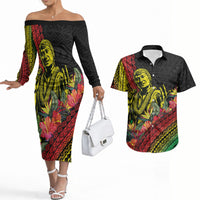 Retro Hawaiian Singer Couples Matching Off The Shoulder Long Sleeve Dress and Hawaiian Shirt Polynesian Style Tropical Flowers