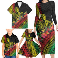 Retro Hawaiian Singer Family Matching Long Sleeve Bodycon Dress and Hawaiian Shirt Polynesian Style Tropical Flowers