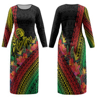 Retro Hawaiian Singer Family Matching Long Sleeve Bodycon Dress and Hawaiian Shirt Polynesian Style Tropical Flowers