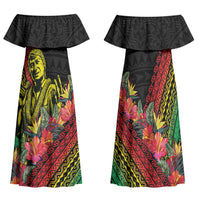 Retro Hawaiian Singer Family Matching Off Shoulder Maxi Dress and Hawaiian Shirt Polynesian Style Tropical Flowers