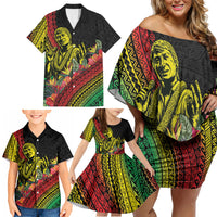 Retro Hawaiian Singer Family Matching Off Shoulder Short Dress and Hawaiian Shirt Polynesian Style Tropical Flowers