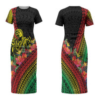 Retro Hawaiian Singer Family Matching Short Sleeve Bodycon Dress and Hawaiian Shirt Polynesian Style Tropical Flowers