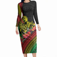 Retro Hawaiian Singer Long Sleeve Bodycon Dress Polynesian Style Tropical Flowers