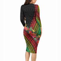Retro Hawaiian Singer Long Sleeve Bodycon Dress Polynesian Style Tropical Flowers