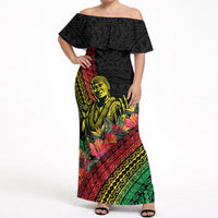 Retro Hawaiian Singer Off Shoulder Maxi Dress Polynesian Style Tropical Flowers