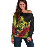 Retro Hawaiian Singer Off Shoulder Sweater Polynesian Style Tropical Flowers