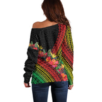 Retro Hawaiian Singer Off Shoulder Sweater Polynesian Style Tropical Flowers