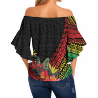 Retro Hawaiian Singer Off Shoulder Wrap Waist Top Polynesian Style Tropical Flowers