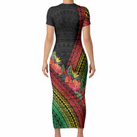 Retro Hawaiian Singer Short Sleeve Bodycon Dress Polynesian Style Tropical Flowers