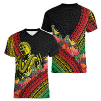 Retro Hawaiian Singer Women V-Neck T-Shirt Polynesian Style Tropical Flowers