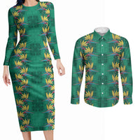 Hawaii Waikiki King Couples Matching Long Sleeve Bodycon Dress and Long Sleeve Button Shirt Green Quilt With Pua Manu