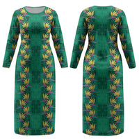 Hawaii Waikiki King Couples Matching Long Sleeve Bodycon Dress and Long Sleeve Button Shirt Green Quilt With Pua Manu