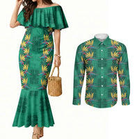 Hawaii Waikiki King Couples Matching Mermaid Dress and Long Sleeve Button Shirt Green Quilt With Pua Manu