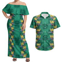 Hawaii Waikiki King Couples Matching Off Shoulder Maxi Dress and Hawaiian Shirt Green Quilt With Pua Manu