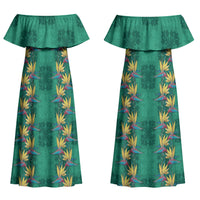 Hawaii Waikiki King Couples Matching Off Shoulder Maxi Dress and Hawaiian Shirt Green Quilt With Pua Manu