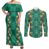 Hawaii Waikiki King Couples Matching Off Shoulder Maxi Dress and Long Sleeve Button Shirt Green Quilt With Pua Manu