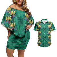 Hawaii Waikiki King Couples Matching Off Shoulder Short Dress and Hawaiian Shirt Green Quilt With Pua Manu