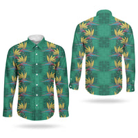 Hawaii Waikiki King Couples Matching Off The Shoulder Long Sleeve Dress and Long Sleeve Button Shirt Green Quilt With Pua Manu