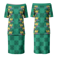 Hawaii Waikiki King Couples Matching Puletasi and Hawaiian Shirt Green Quilt With Pua Manu