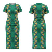 Hawaii Waikiki King Couples Matching Short Sleeve Bodycon Dress and Hawaiian Shirt Green Quilt With Pua Manu