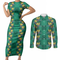 Hawaii Waikiki King Couples Matching Short Sleeve Bodycon Dress and Long Sleeve Button Shirt Green Quilt With Pua Manu