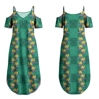 Hawaii Waikiki King Couples Matching Summer Maxi Dress and Long Sleeve Button Shirt Green Quilt With Pua Manu