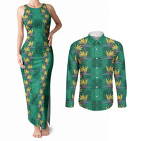 Hawaii Waikiki King Couples Matching Tank Maxi Dress and Long Sleeve Button Shirt Green Quilt With Pua Manu