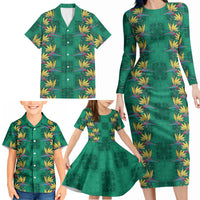 Hawaii Waikiki King Family Matching Long Sleeve Bodycon Dress and Hawaiian Shirt Green Quilt With Pua Manu