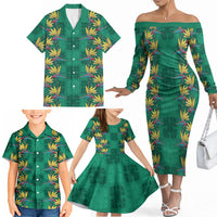 Hawaii Waikiki King Family Matching Off The Shoulder Long Sleeve Dress and Hawaiian Shirt Green Quilt With Pua Manu
