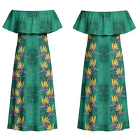 Hawaii Waikiki King Family Matching Off Shoulder Maxi Dress and Hawaiian Shirt Green Quilt With Pua Manu