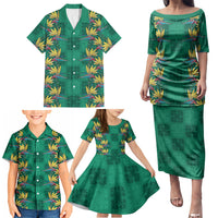Hawaii Waikiki King Family Matching Puletasi and Hawaiian Shirt Green Quilt With Pua Manu