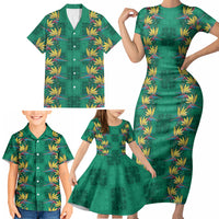 Hawaii Waikiki King Family Matching Short Sleeve Bodycon Dress and Hawaiian Shirt Green Quilt With Pua Manu