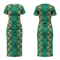 Hawaii Waikiki King Family Matching Short Sleeve Bodycon Dress and Hawaiian Shirt Green Quilt With Pua Manu