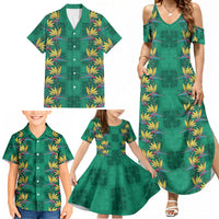 Hawaii Waikiki King Family Matching Summer Maxi Dress and Hawaiian Shirt Green Quilt With Pua Manu