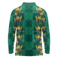 Hawaii Waikiki King Long Sleeve Polo Shirt Green Quilt With Pua Manu
