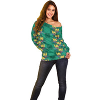 Hawaii Waikiki King Off Shoulder Sweater Green Quilt With Pua Manu