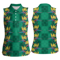 Hawaii Waikiki King Women Sleeveless Polo Shirt Green Quilt With Pua Manu