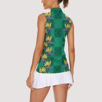 Hawaii Waikiki King Women Sleeveless Polo Shirt Green Quilt With Pua Manu