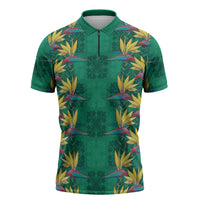 Hawaii Waikiki King Zipper Polo Shirt Green Quilt With Pua Manu